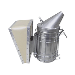 A stainless steel 7 inch Dadant smoker with a full-size vinyl bellows and a heat shield on a white background.