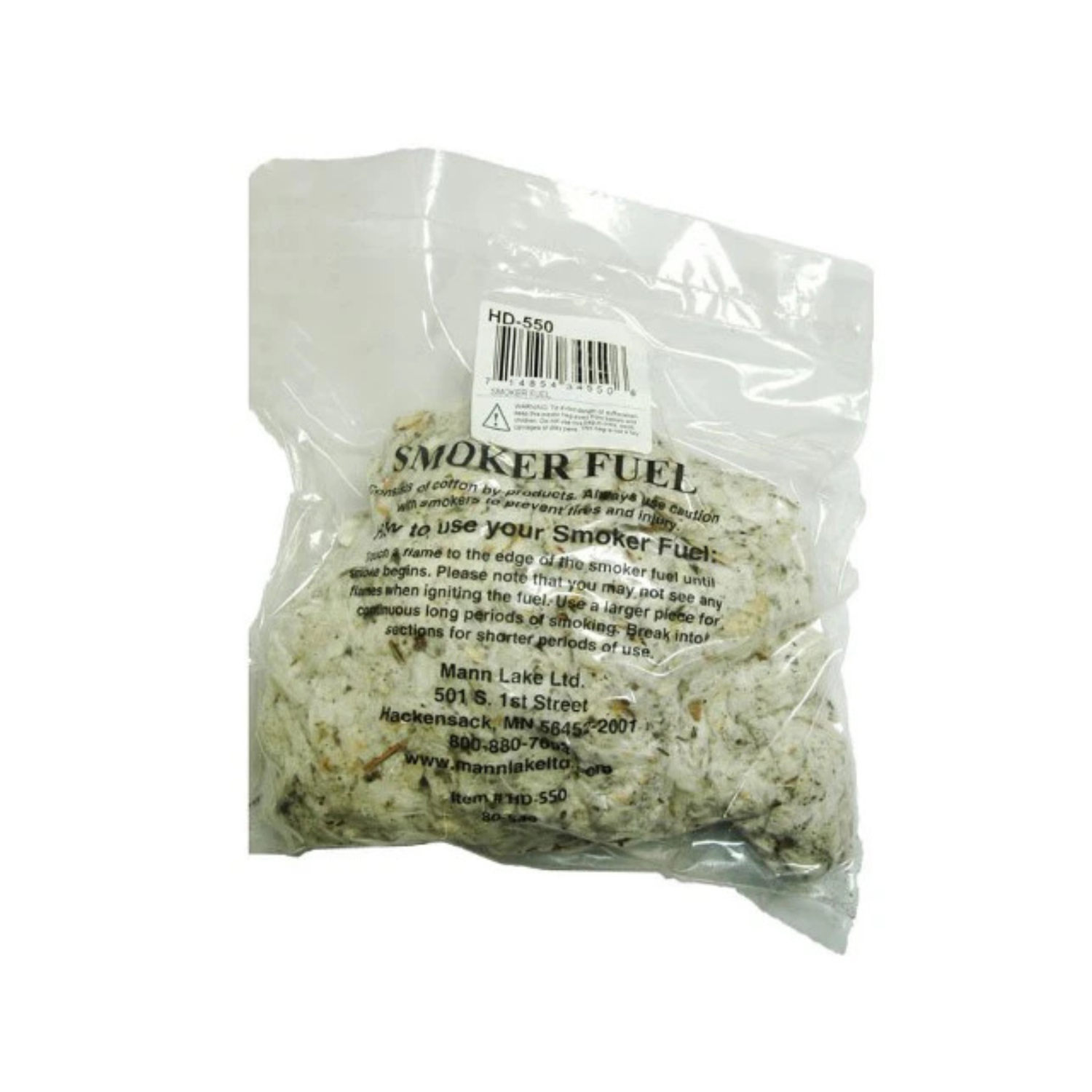 Packaged smoker fuel made from natural cotton fibers and cottonseed husks, labeled for beekeeping use.
