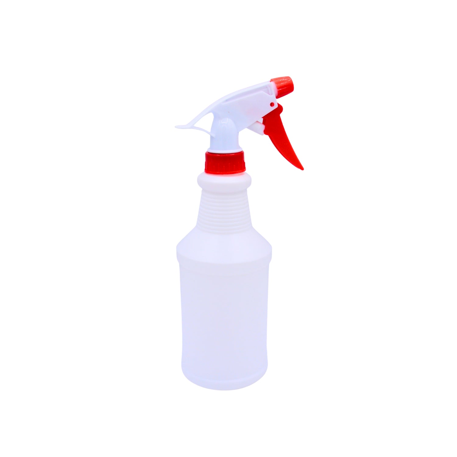 A white plastic spray bottle with a red trigger sprayer and red collar, isolated on a white background.