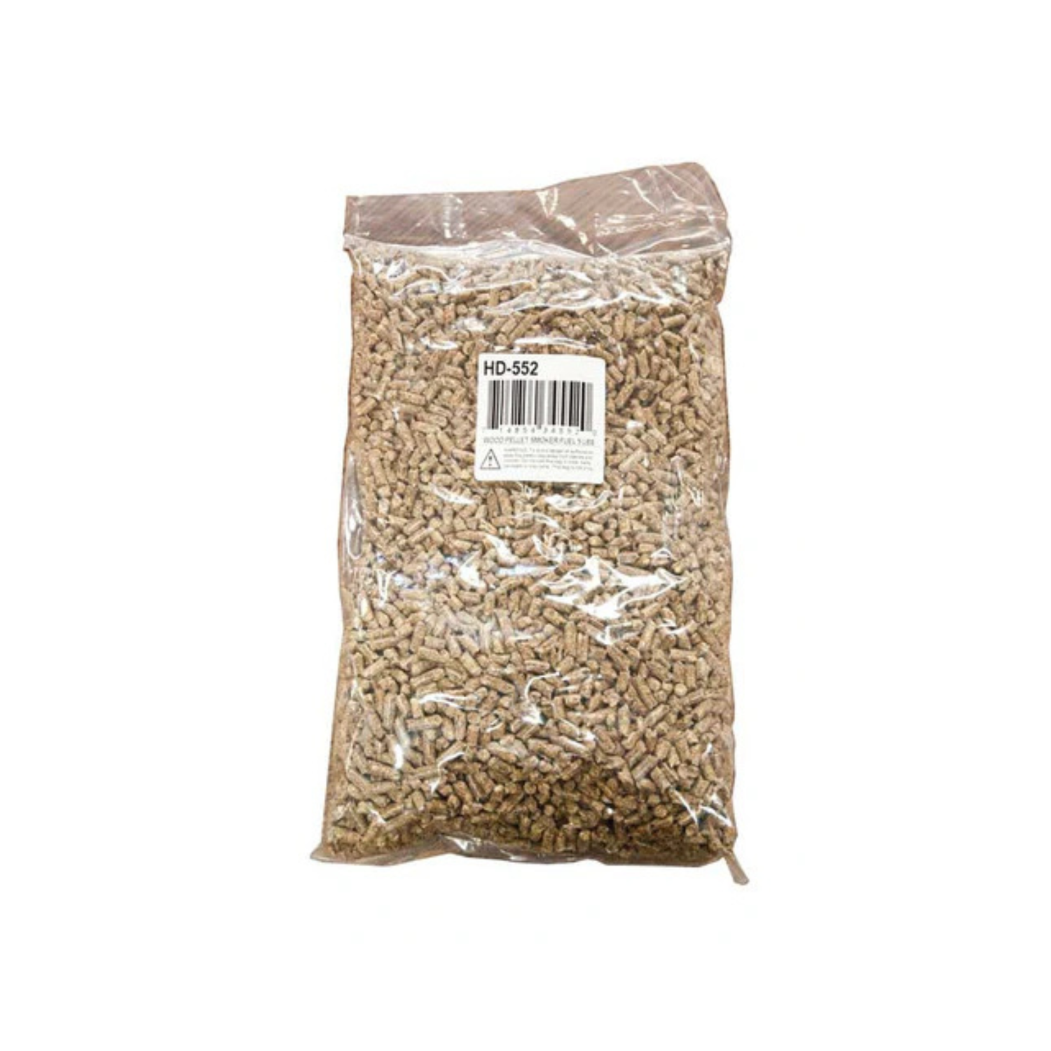 A clear plastic bag filled with wooden smoker pellets on a white background