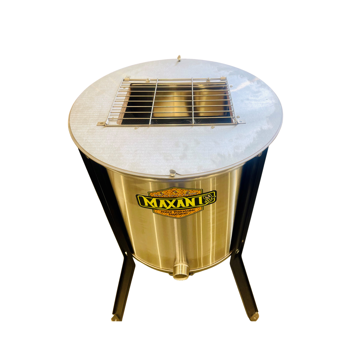 Metallic cylindrical grill with 'Maxant' branding on a white background