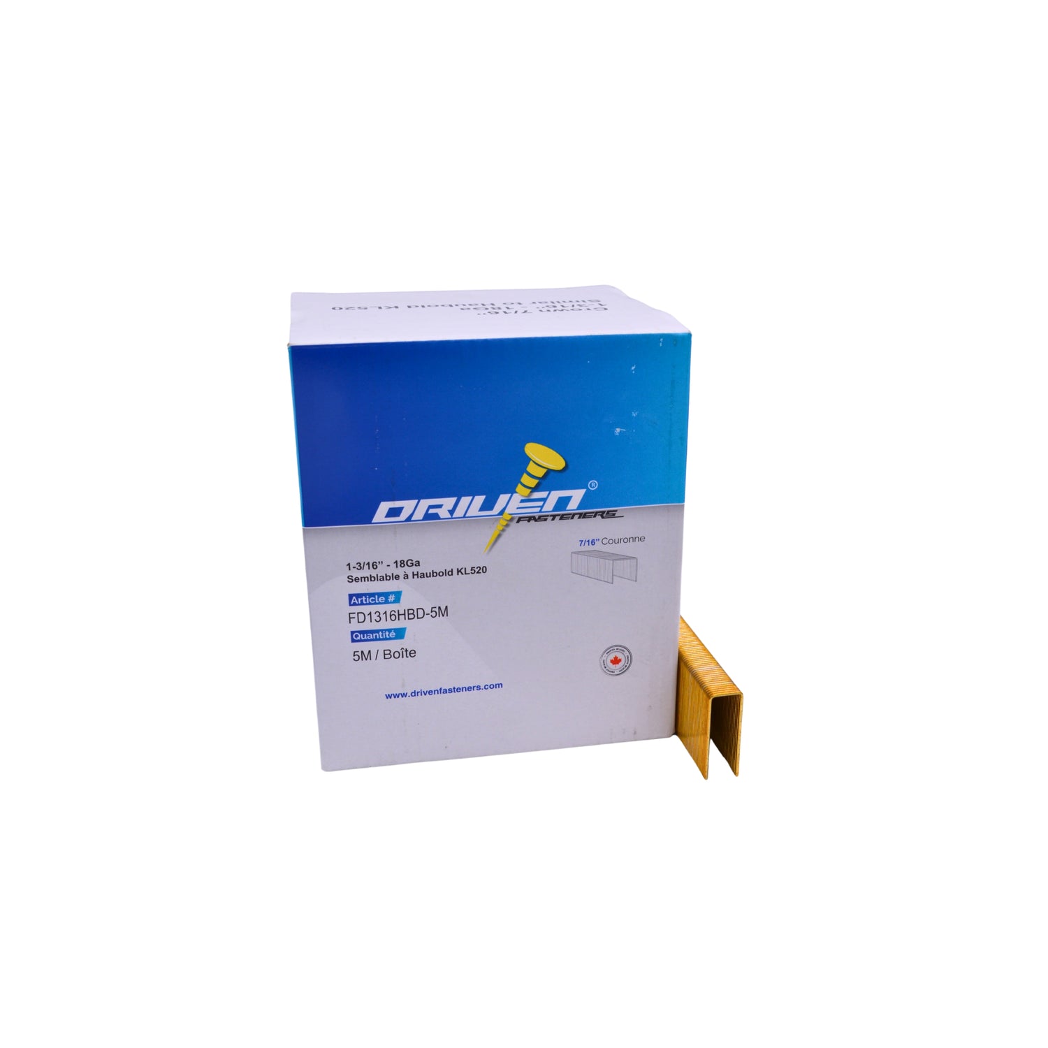 A white and blue box with a row of staples sitting next to it on a white background