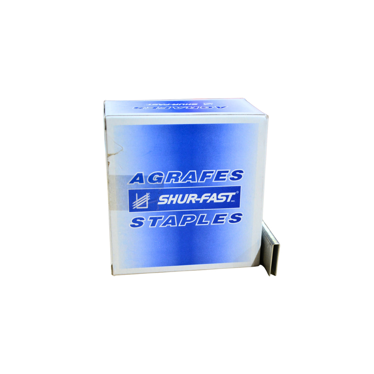A blue and white box with branding and a row of staples sitting beside the box on a white background