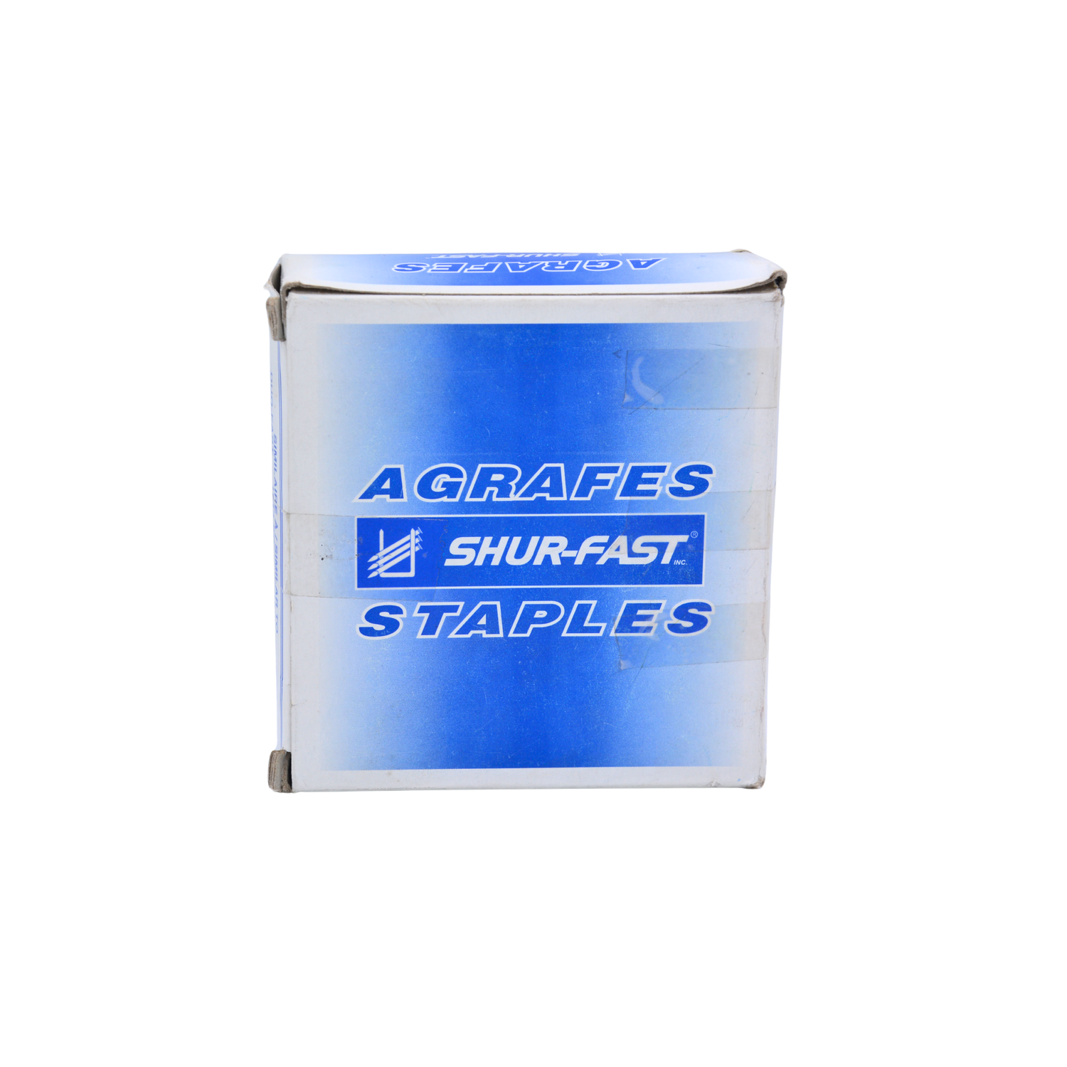 Box of Shur-Fast staples with blue and white design on a white background