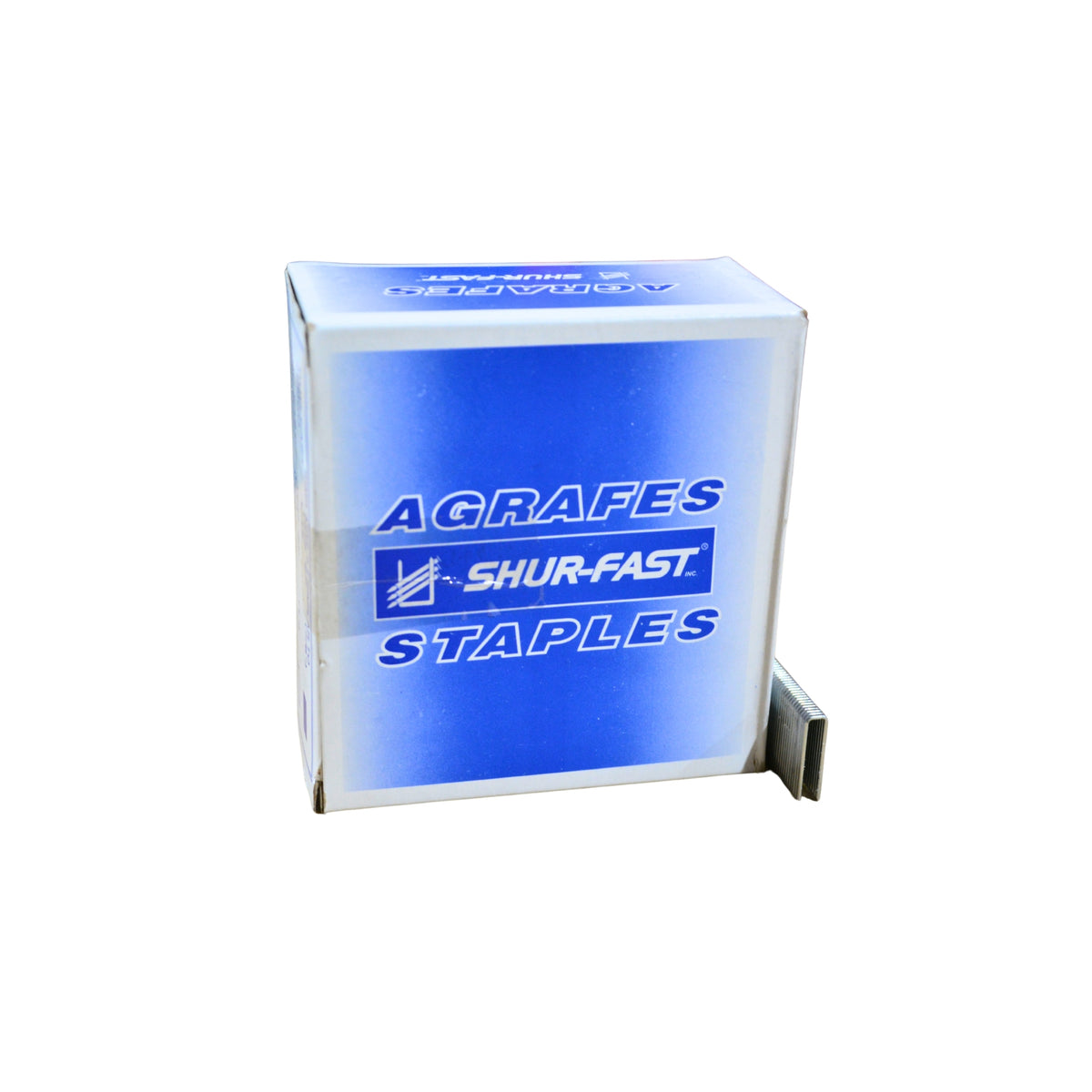 A blue and white box with branding and a row of staples sitting next to the box on a white background