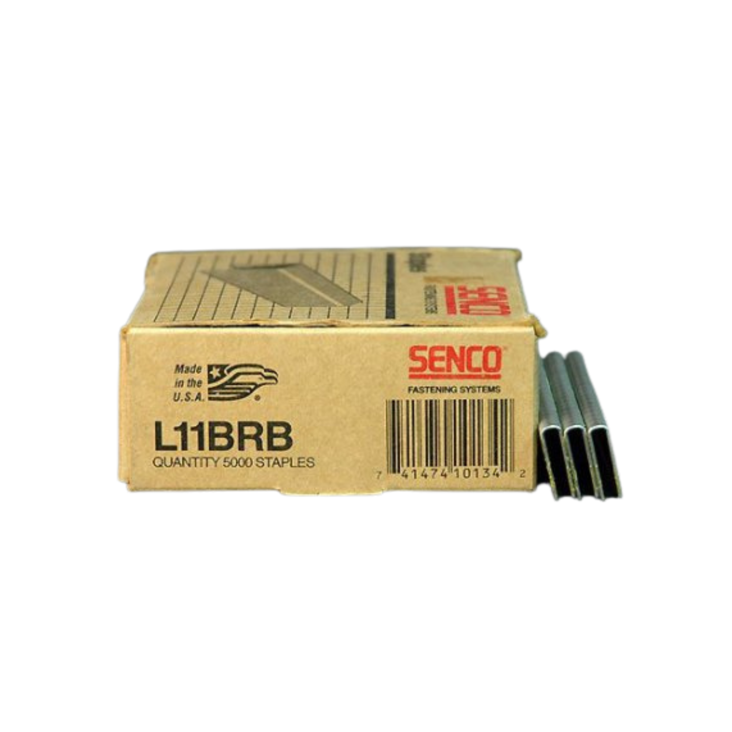 A box of Senco staples with some staples leaning aganist the box on a white background