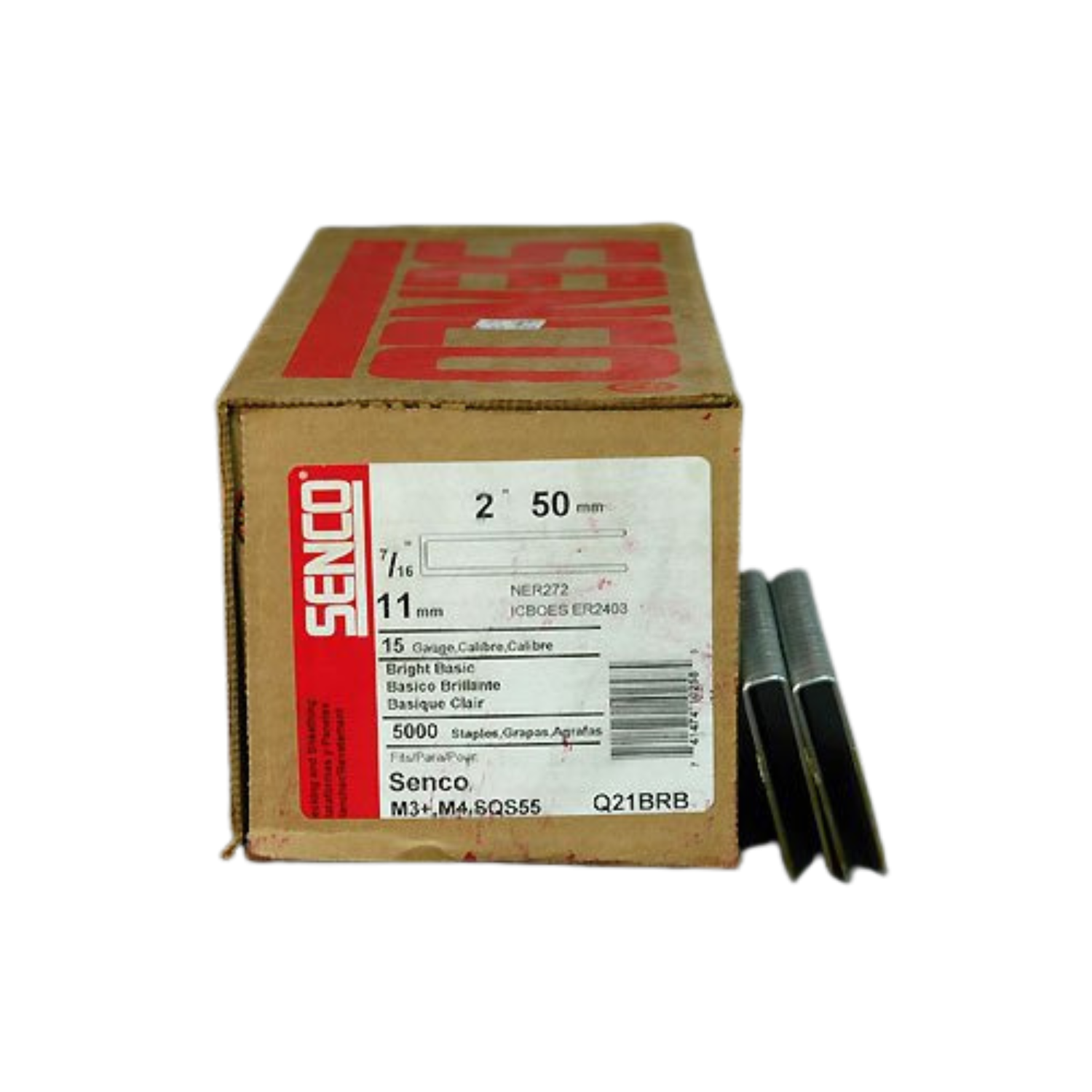 Box of Senco nails with a nail on a white background