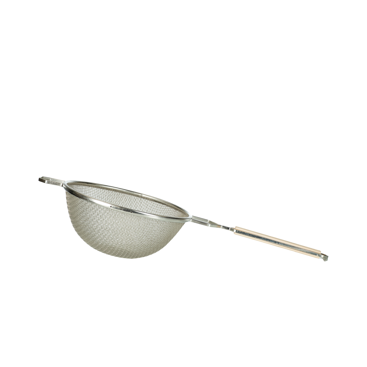 A metal honey strainer with a fine mesh screen and a wooden handle.