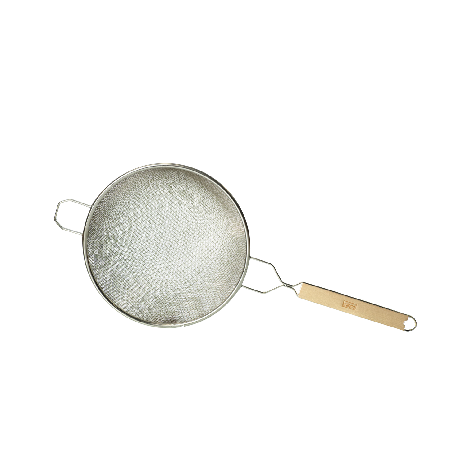 A metal honey strainer with a fine mesh screen and a wooden handle.