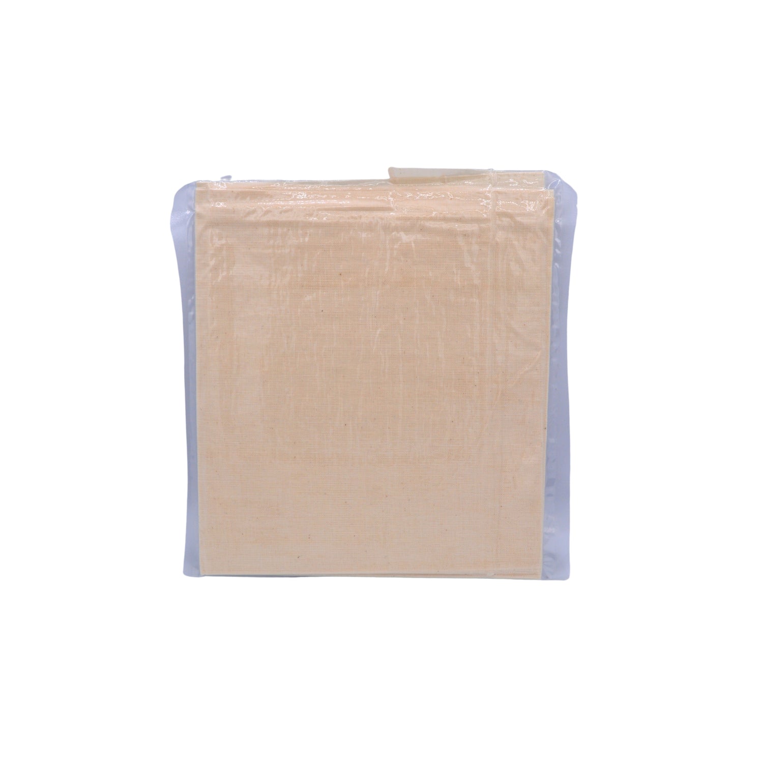A vacuum sealed bag of 2 beige cheese cloths on a white background 