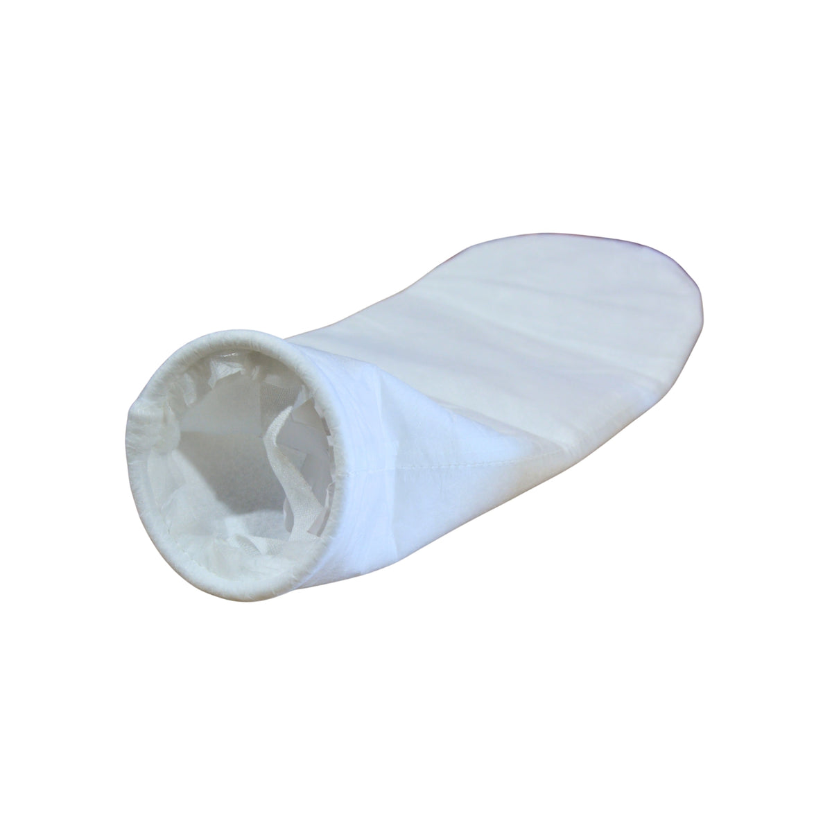 A white cloth filter bag on a white background