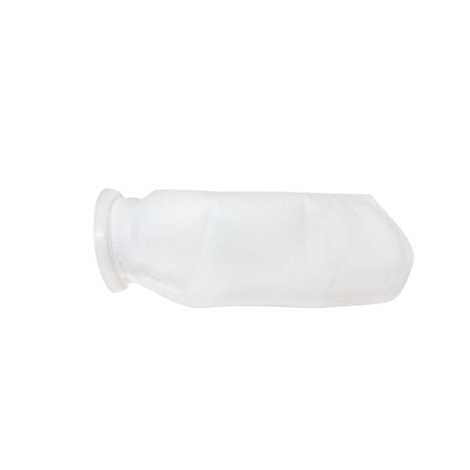 A cylindrical white fabric filter bag with a rigid plastic ring at the opening, shown laying horizontally on a white background