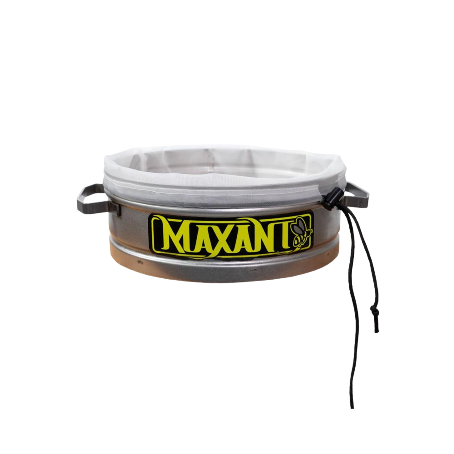 A metal pail strainer with a filter and Maxant branding on a white background