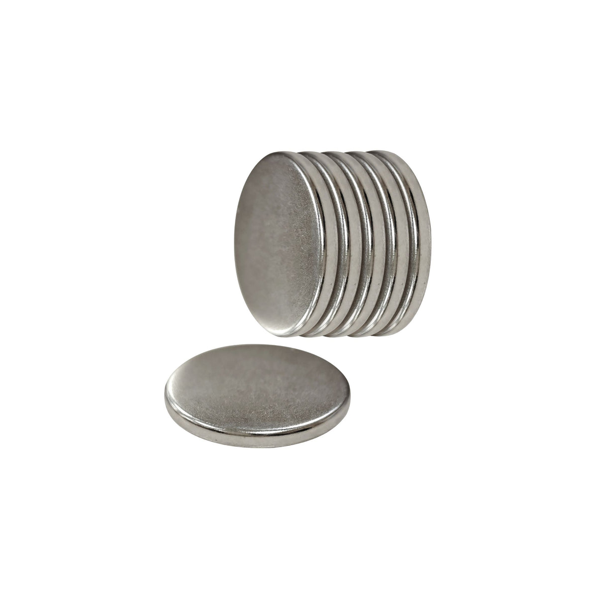 Six circular magnets on a white background