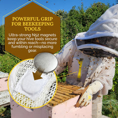 A graphic depicting information about a magnet in a beekeeping suit