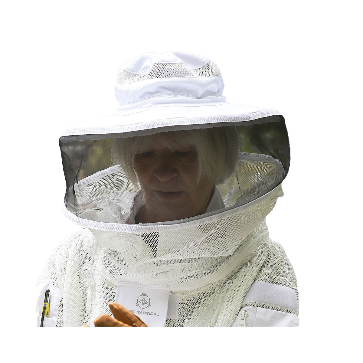 A woman wearing a white beekeeping veil with dark mesh as well as a white beekeeping suit on a white background
