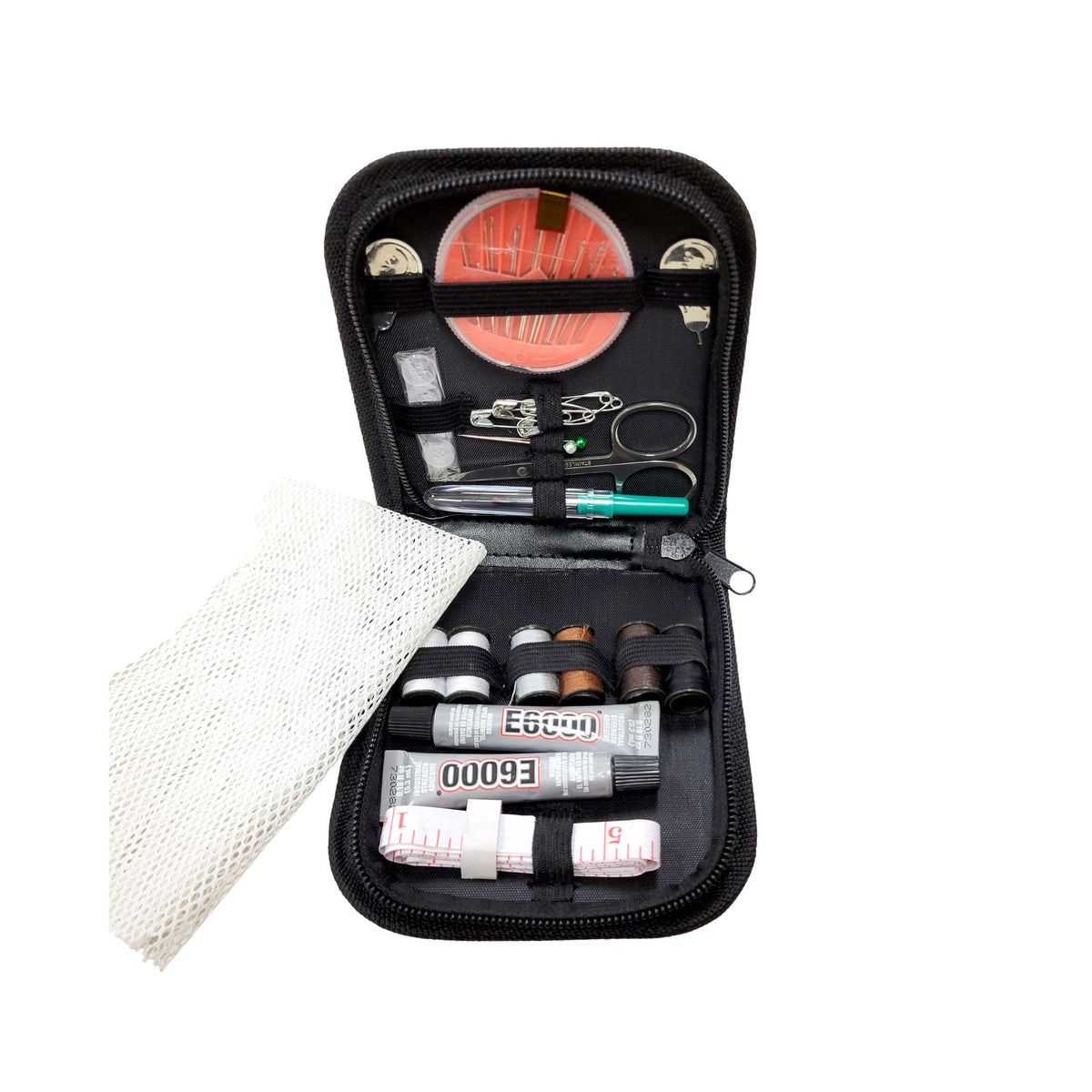 A black mesh repair kit with various components inside on a white background
