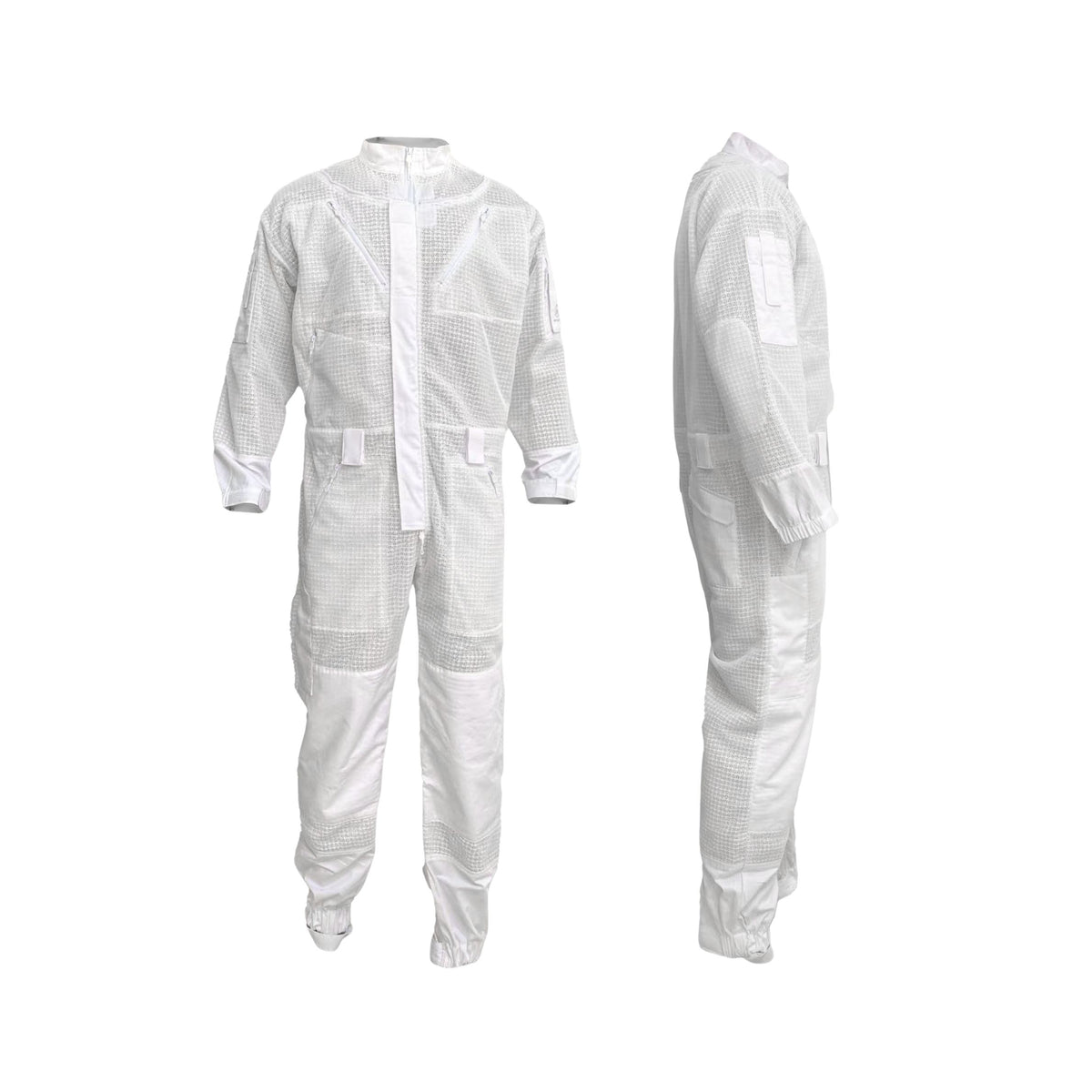 Two white beekeeping suits next to each other on a white background