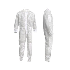 Two white beekeeping suits next to each other on a white background