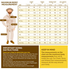 A graphic depicting a sizing chart for a beekeeping suit