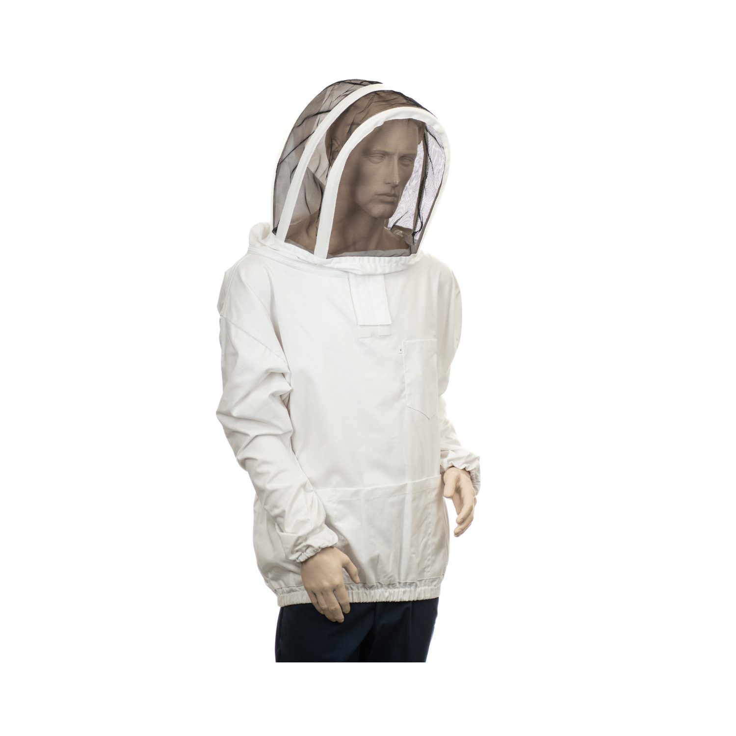 A mannequin wearing a white hooded jacket with an attached veil designed for beekeeping on a white background