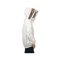A mannequin wearing a white hooded jacket with an attached veil designed for beekeeping on a white background