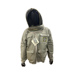 A mannequin wearing a khaki BeePro jacket on a white background