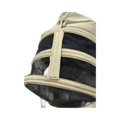 Close-up of a khaki-coloured mesh hood from a beekeeping suit on a white background