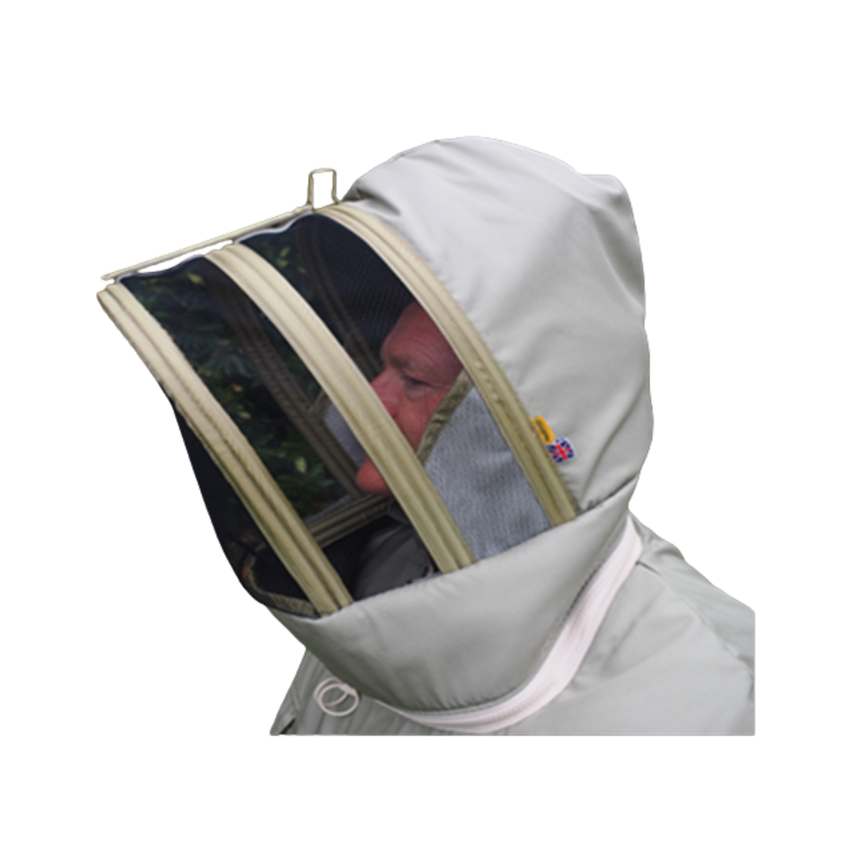 A side view of the veil attached to the BJ Sherriff BeePro suit