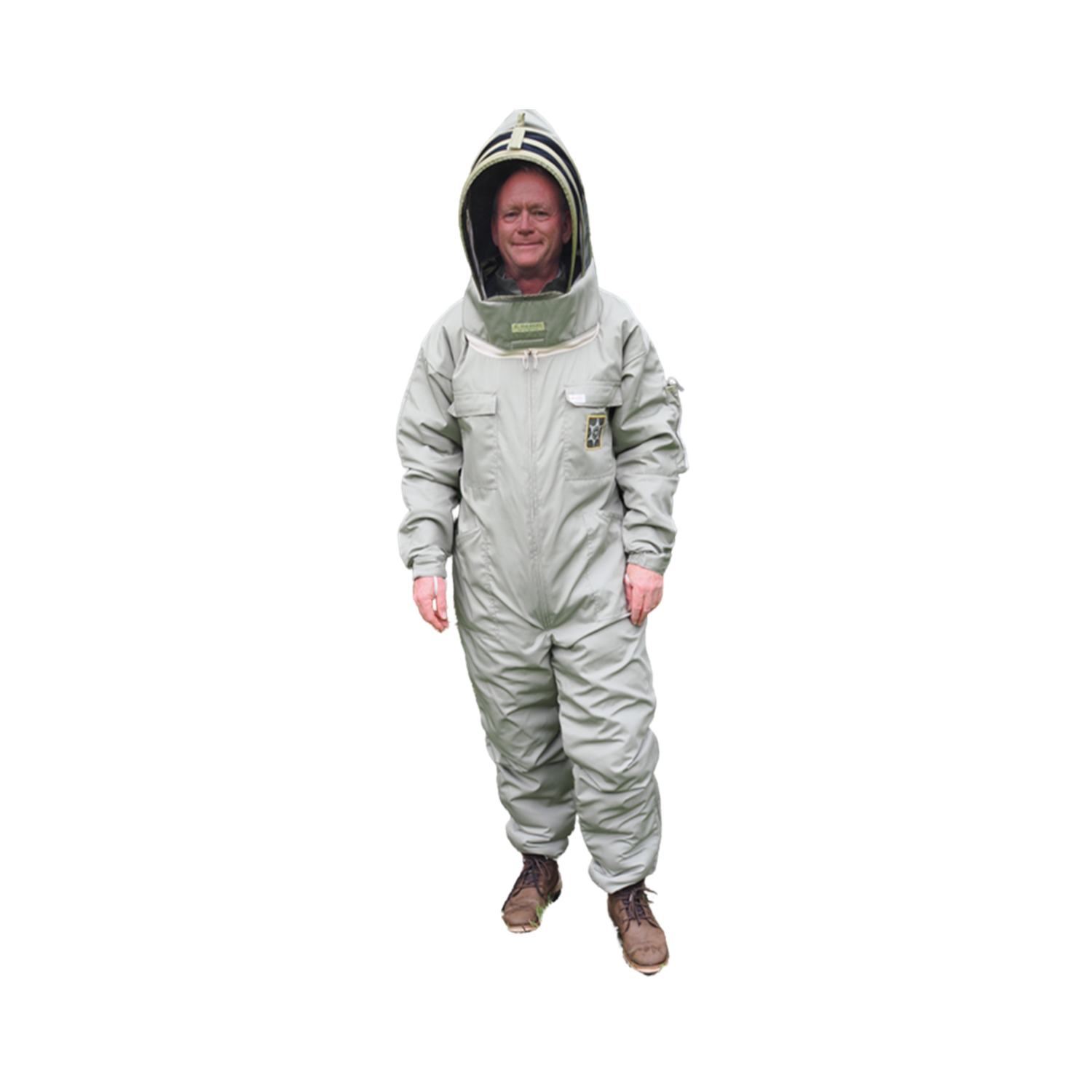 A person wearing a full-body khaki protective suit with an attached hood and clear face shield, standing against a plain white background.