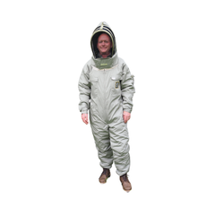 A person wearing a full-body khaki protective suit with an attached hood and clear face shield, standing against a plain white background.