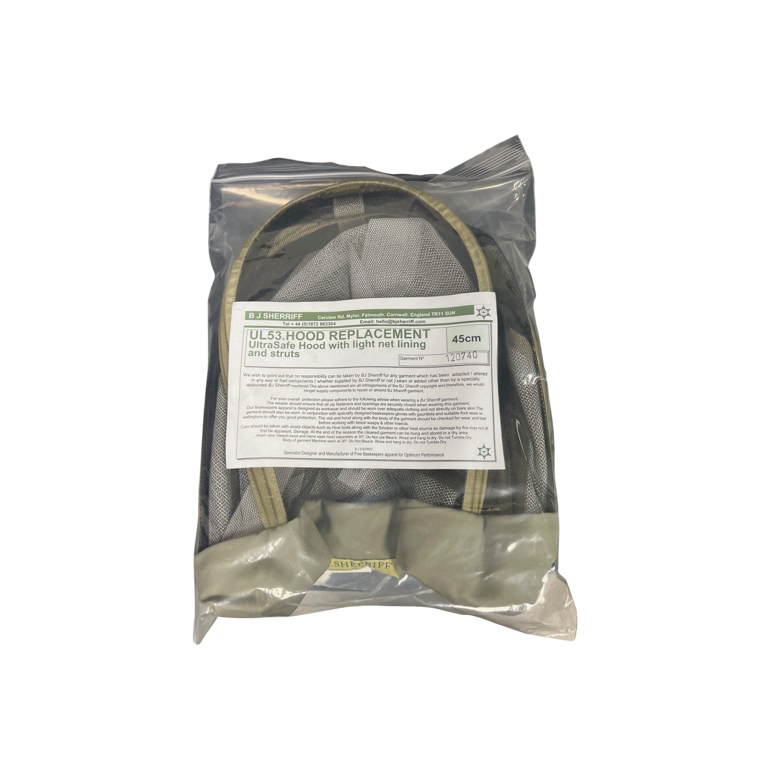 A Sherriff khaki-coloured replacement hood for a beekeeping suit in clear, plastic packaging on a white background
