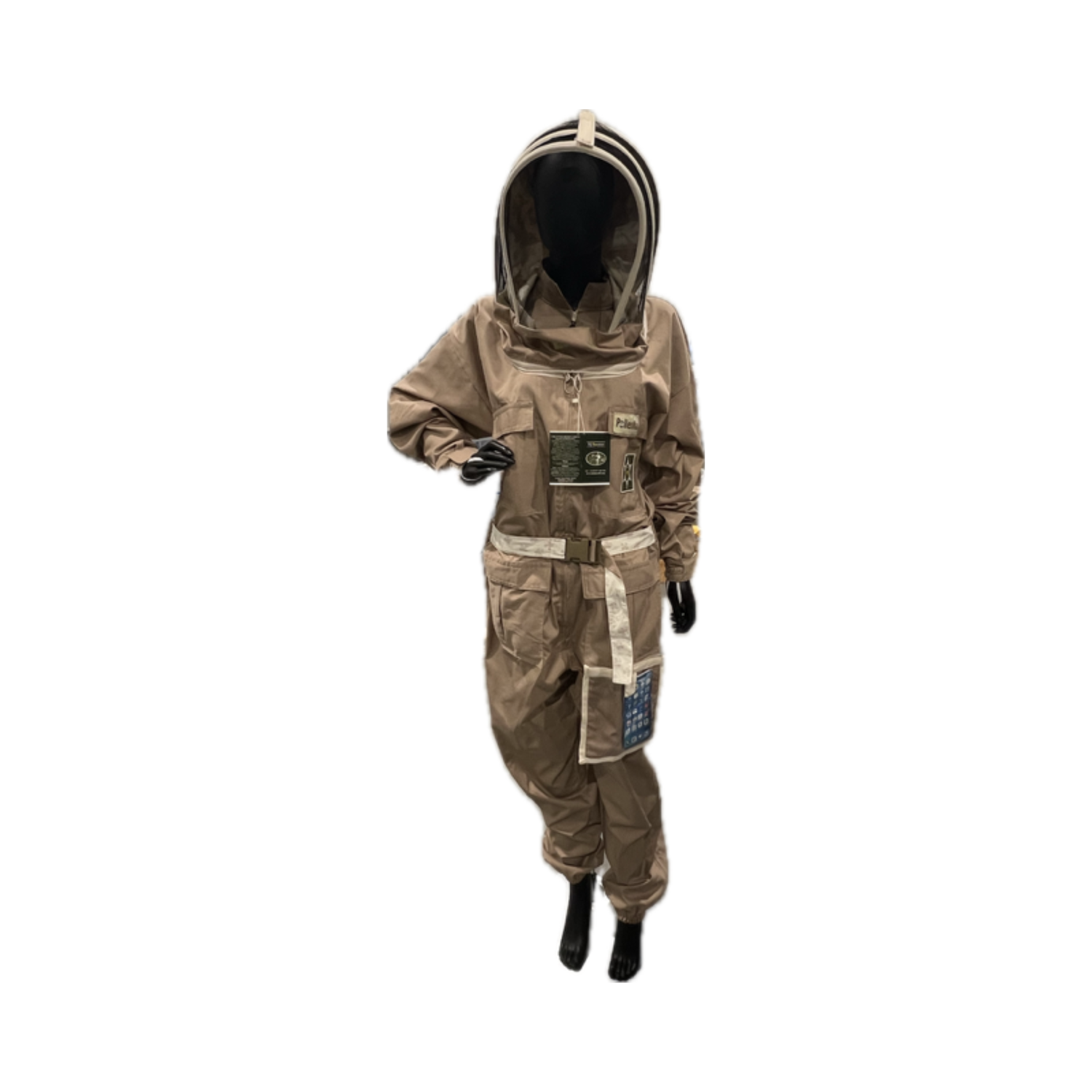 A full-body protective suit with a hooded face area, shown on a mannequin against a plain white background 