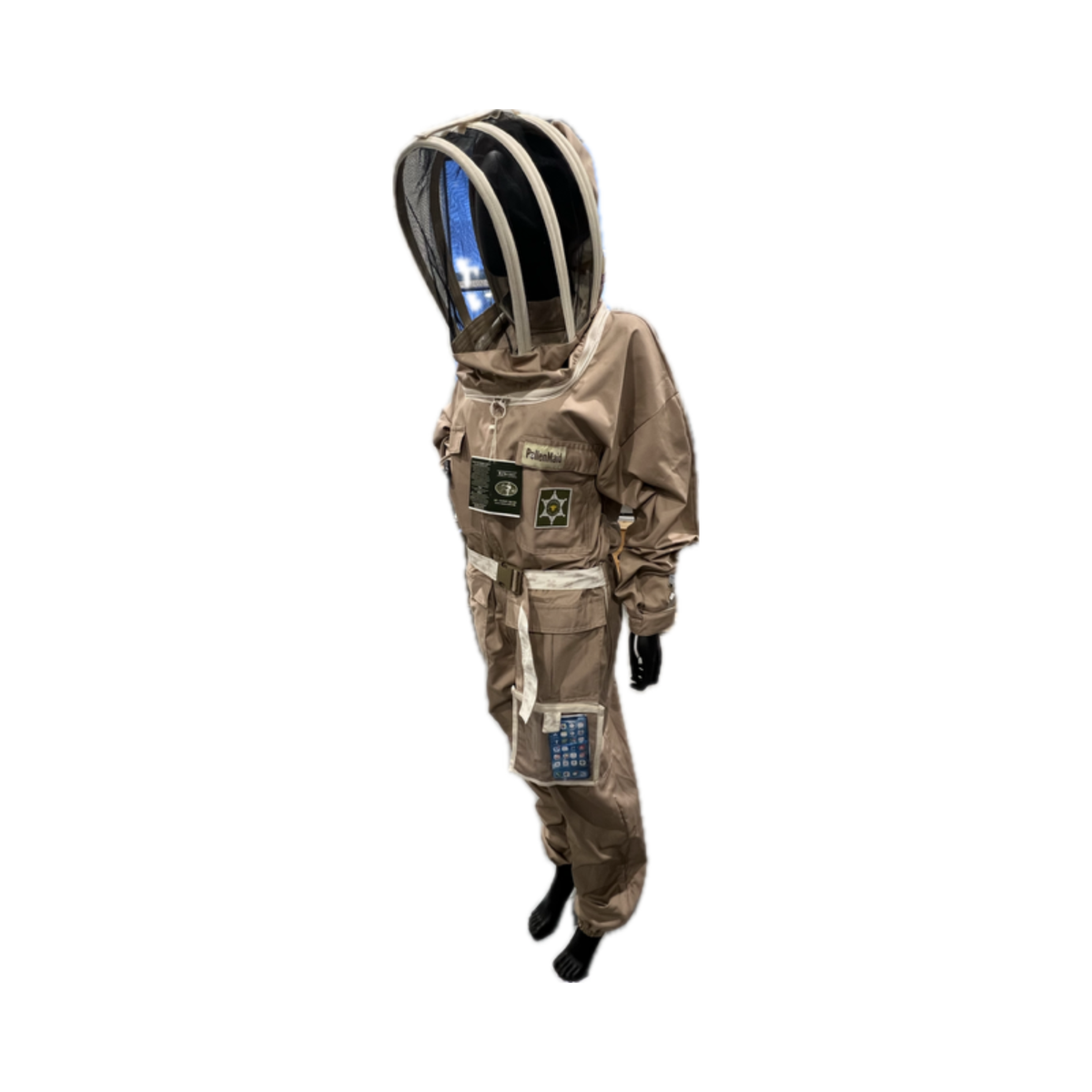 A full-body beekeeping suit in tan/beige with a clear hooded face shield and black gloves, shown against a plain white background.