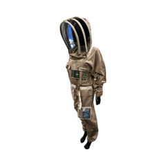 A full-body beekeeping suit in tan/beige with a clear hooded face shield and black gloves, shown against a plain white background.