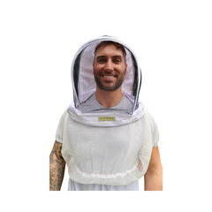 A man wearing a white beekeeping veil hood with a mesh face shield and neck cover, shown against a plain white background.