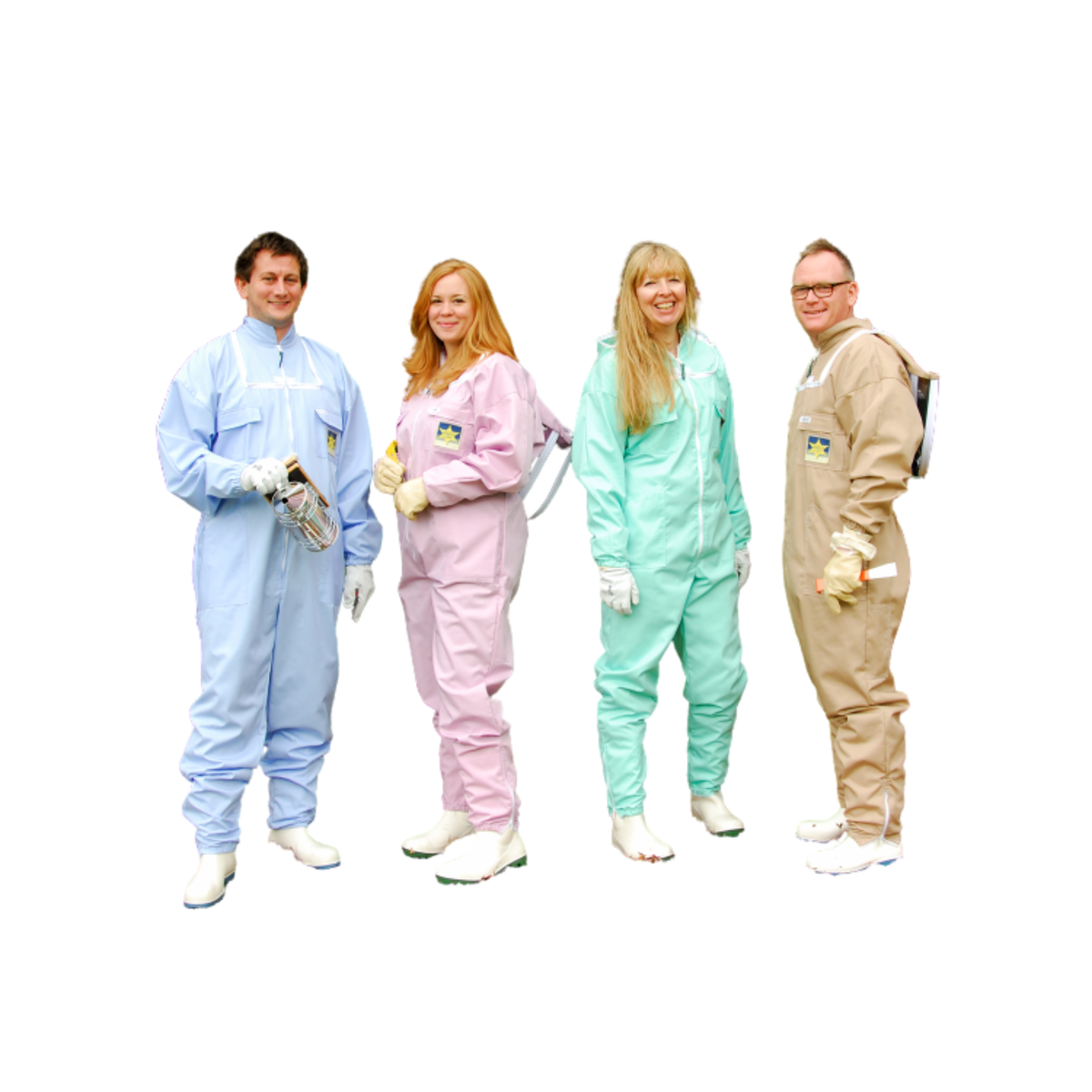 Four people standing side by side wearing different colored protective coveralls: light blue, light pink, mint green, and tan. They are photographed against a plain white background.
