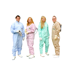 Four people standing side by side wearing different colored protective coveralls: light blue, light pink, mint green, and tan. They are photographed against a plain white background.