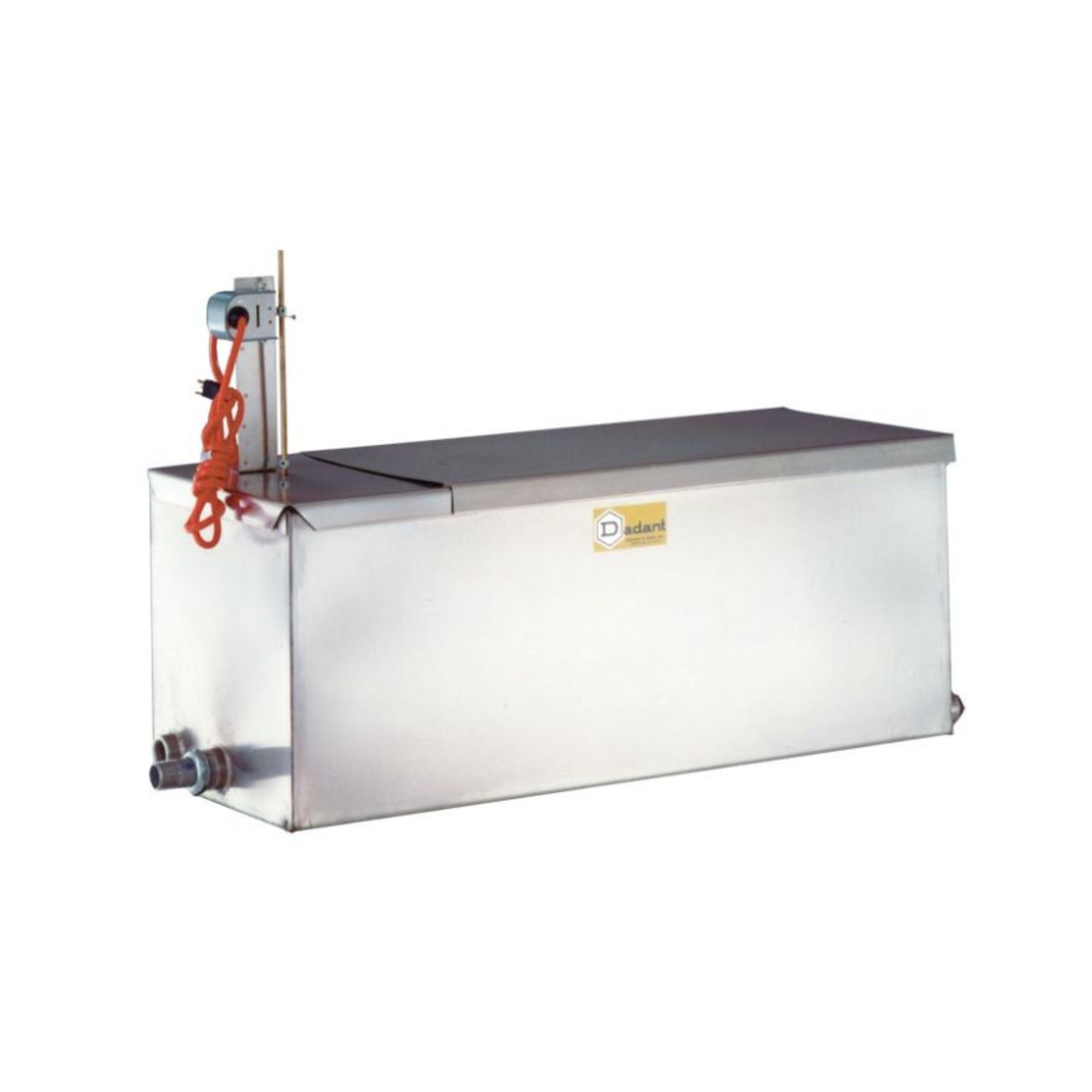 Stainless steel honey sump with flat lid, drain outlet, and mounted heated uncapping knife holder, branded Dadant, shown on a white background.