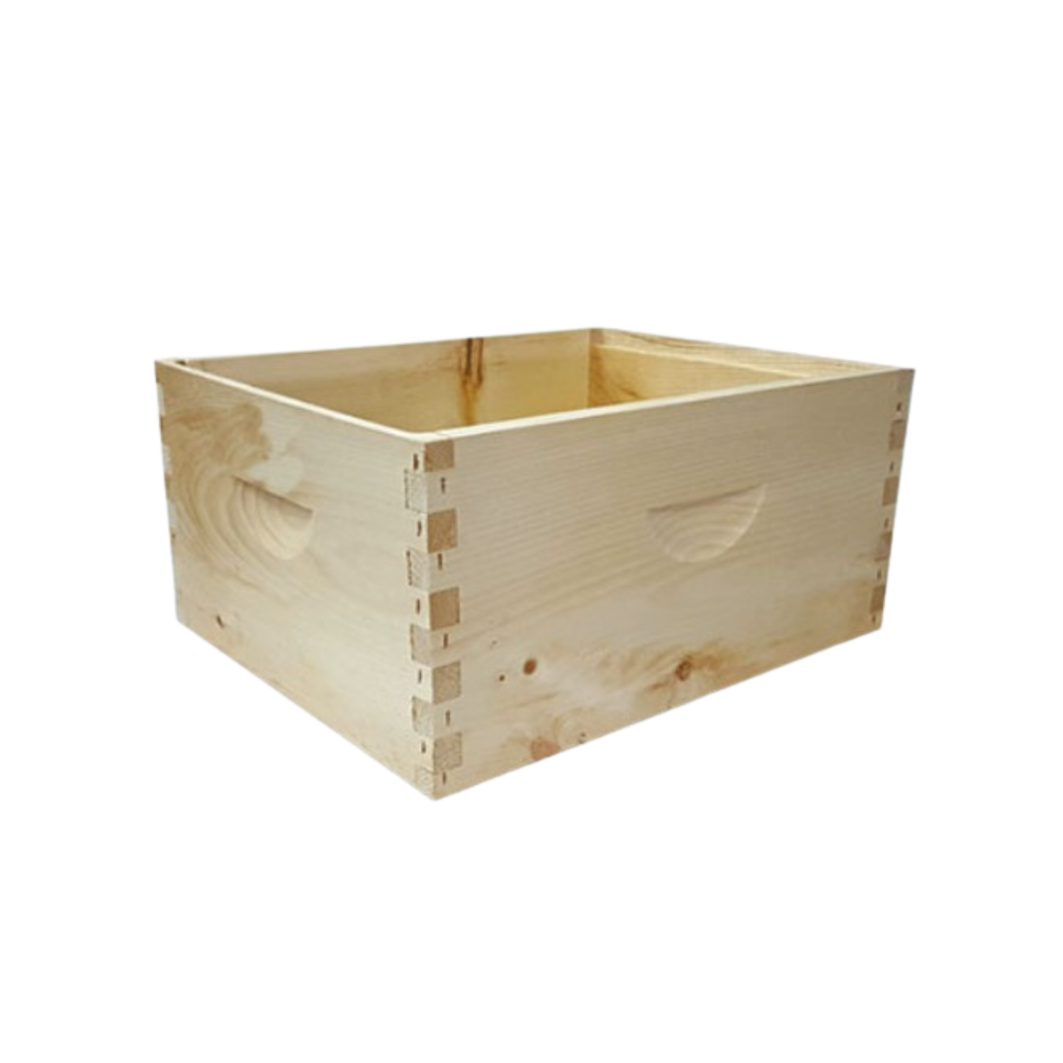 A light-colored wooden bee super box used in beekeeping. It is rectangular, open at the top, and features finger-jointed corners and carved handholds on the sides. Natural wood grain and knots are visible, and the box is shown against a white background.
