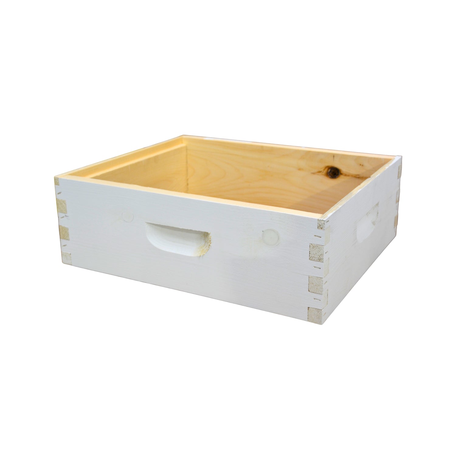 An assembled medium super used in beekeeping that is painted white and is sitting on a white background