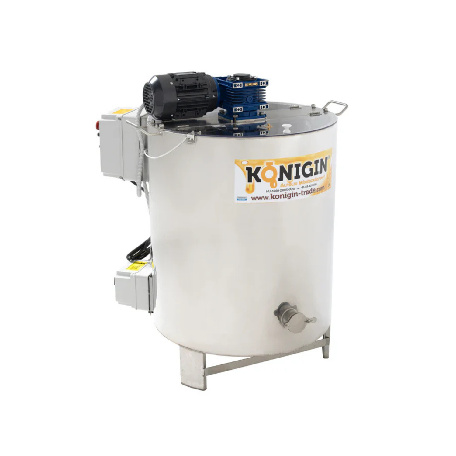 A large, industrial Konigin honey creamer and homogenizer with a capacity of 26 gallons, featuring a stainless-steel body and various operational controls on a white background