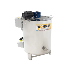A large, industrial Konigin honey creamer and homogenizer with a capacity of 26 gallons, featuring a stainless-steel body and various operational controls on a white background
