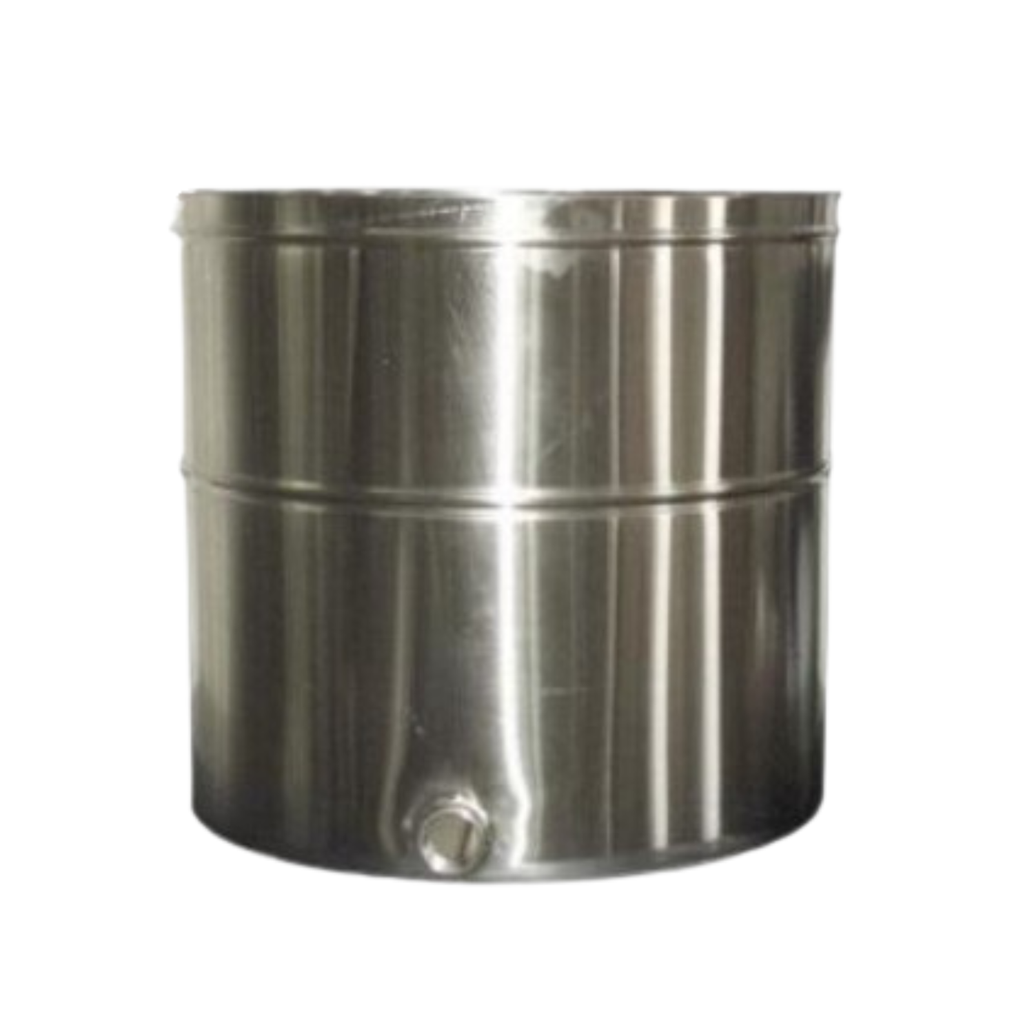 A large stainless steel cylindrical tank used for storing honey, featuring a smooth metal finish and a dispensing spout near the bottom.
