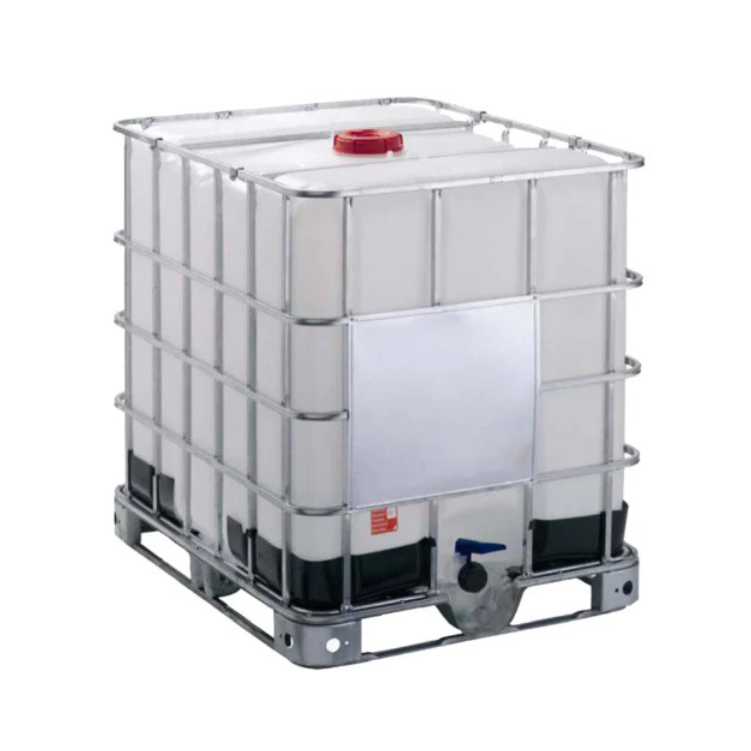 Large industrial storage tank with a red valve on a white background