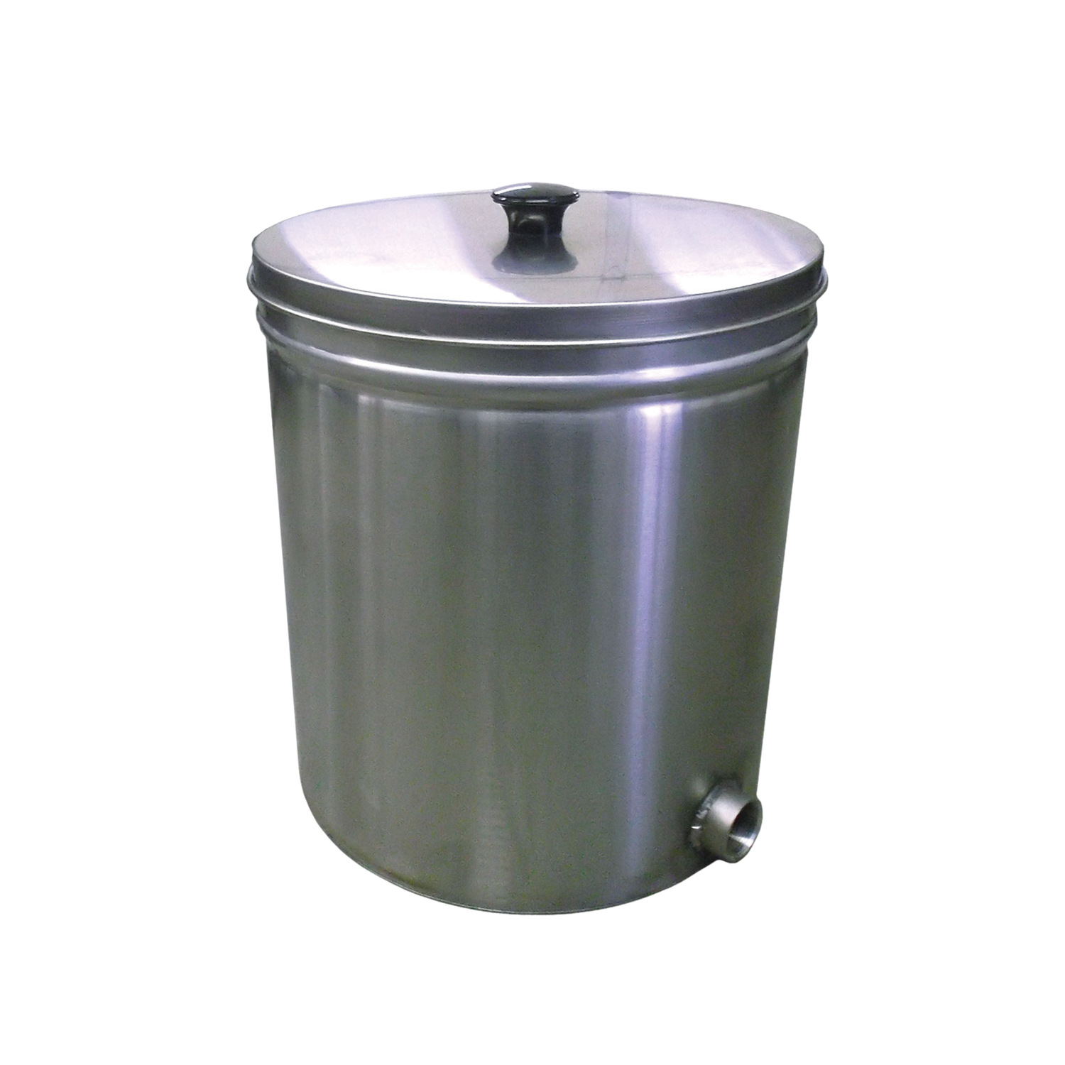 A large stainless steel cylindrical honey bottling tank with a fitted lid and a spout near the bottom. Often used by beekeepers for bottling honey, storing honey, and warming crystallized honey