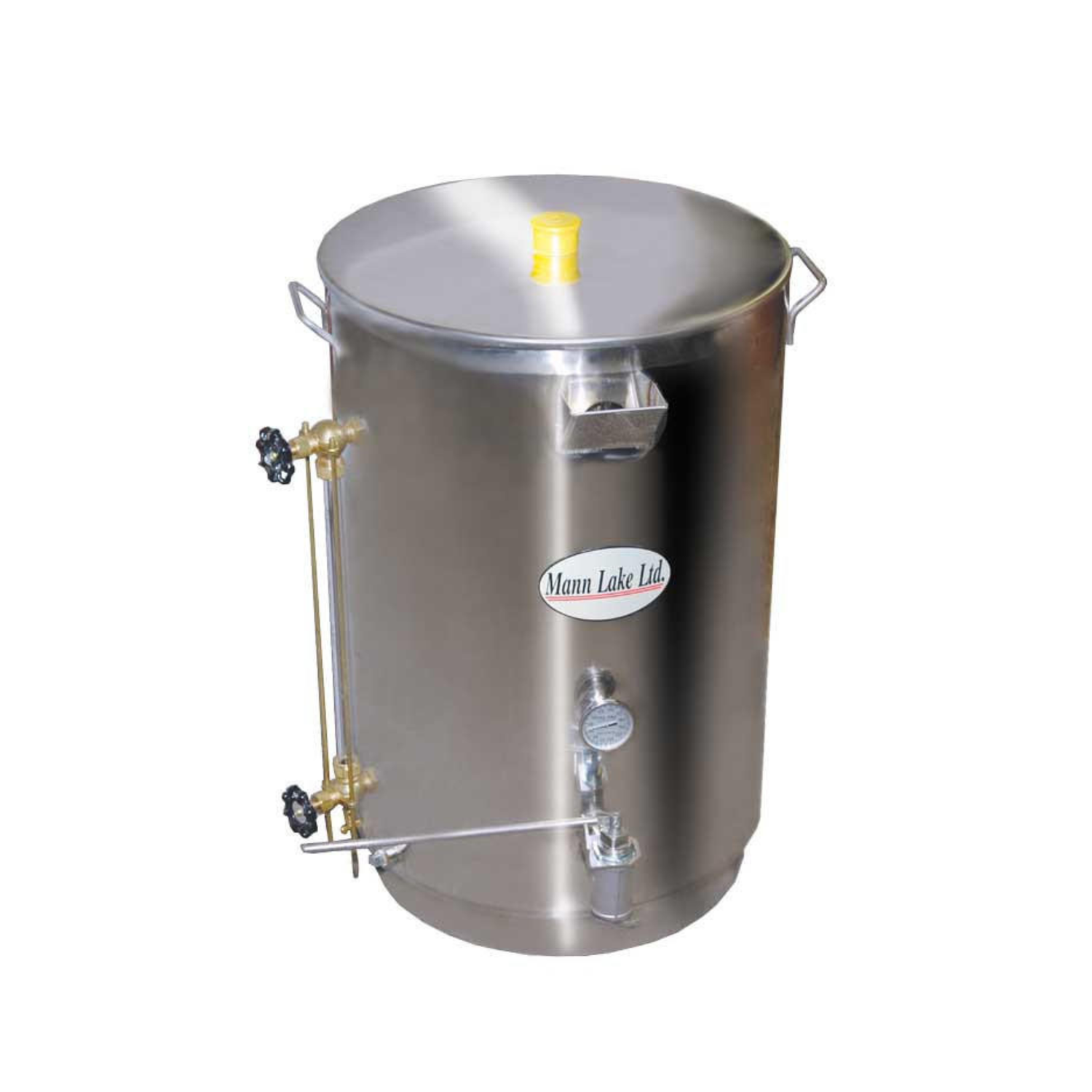 Stainless steel bottling tank with controls on a white background
