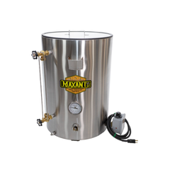 Stainless steel bottling tank with controls on a white background