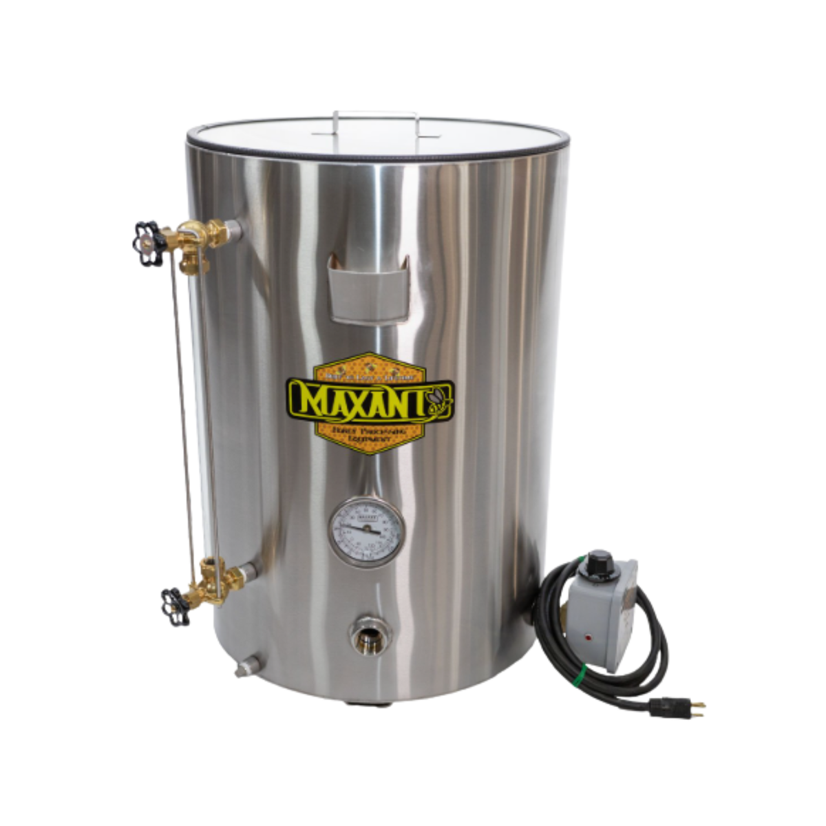 Stainless steel bottling tank with controls on a white background