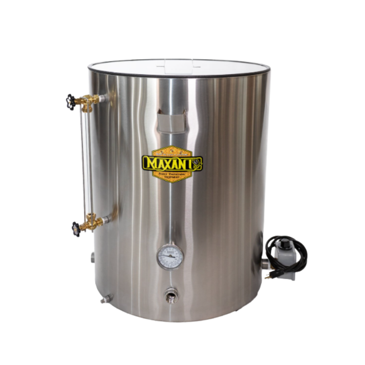 Stainless steel bottling tank with controls on a white background
